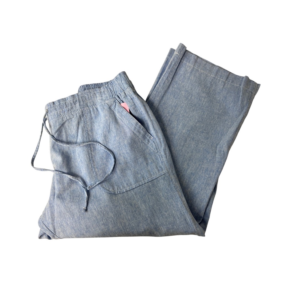 Pure Amici Linen Blend Wide Leg Pants L Lt Blue Excellent Drawstring Chambray